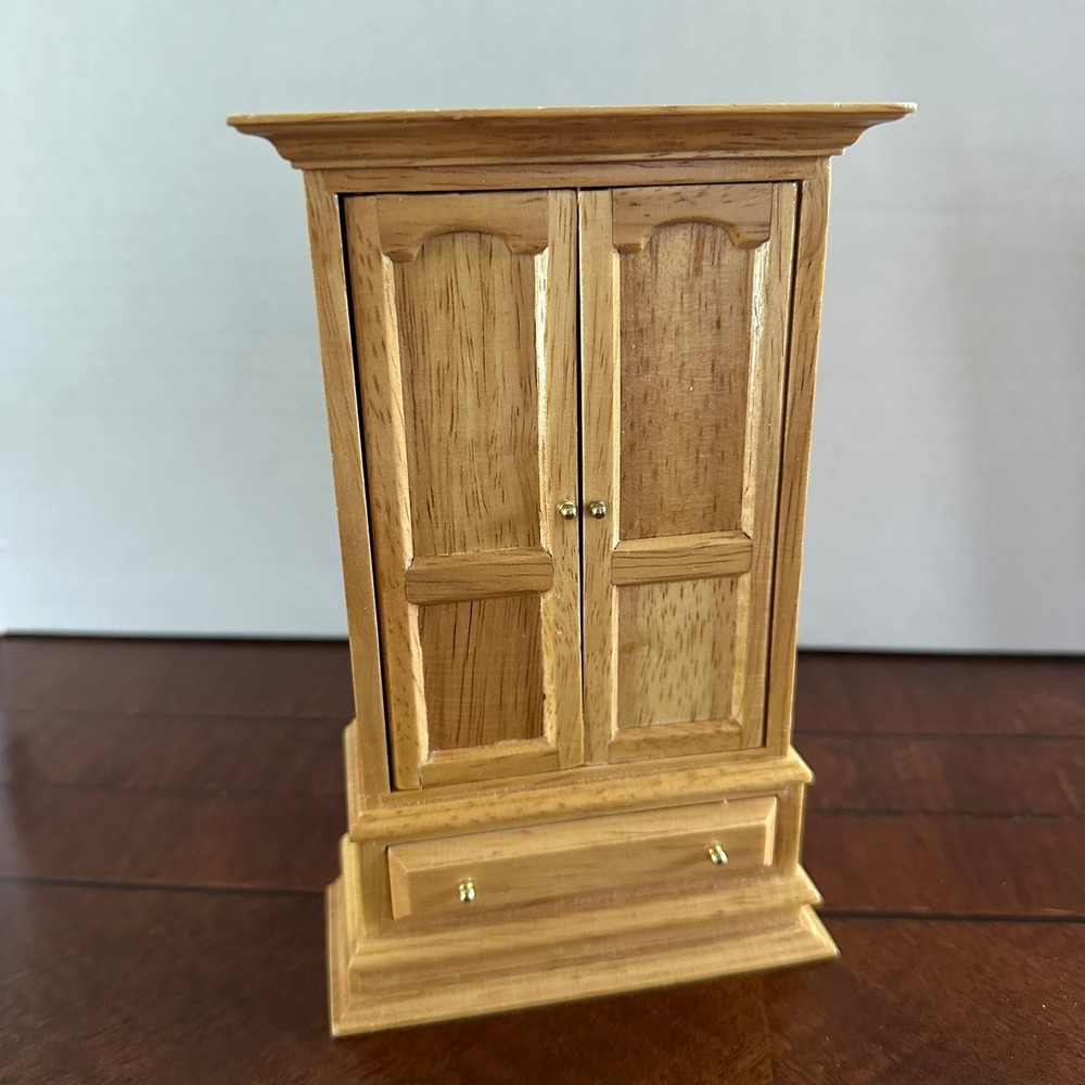 Miniature Wooden Armoire Wardrobe Dollhouse Furniture 1:12 Scale Natural Wood